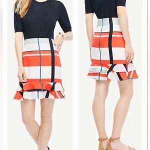 Ann Taylor Picnic Striped Linen Skirt w/Flounce Hem Ivory & Red Orange Sz 8
